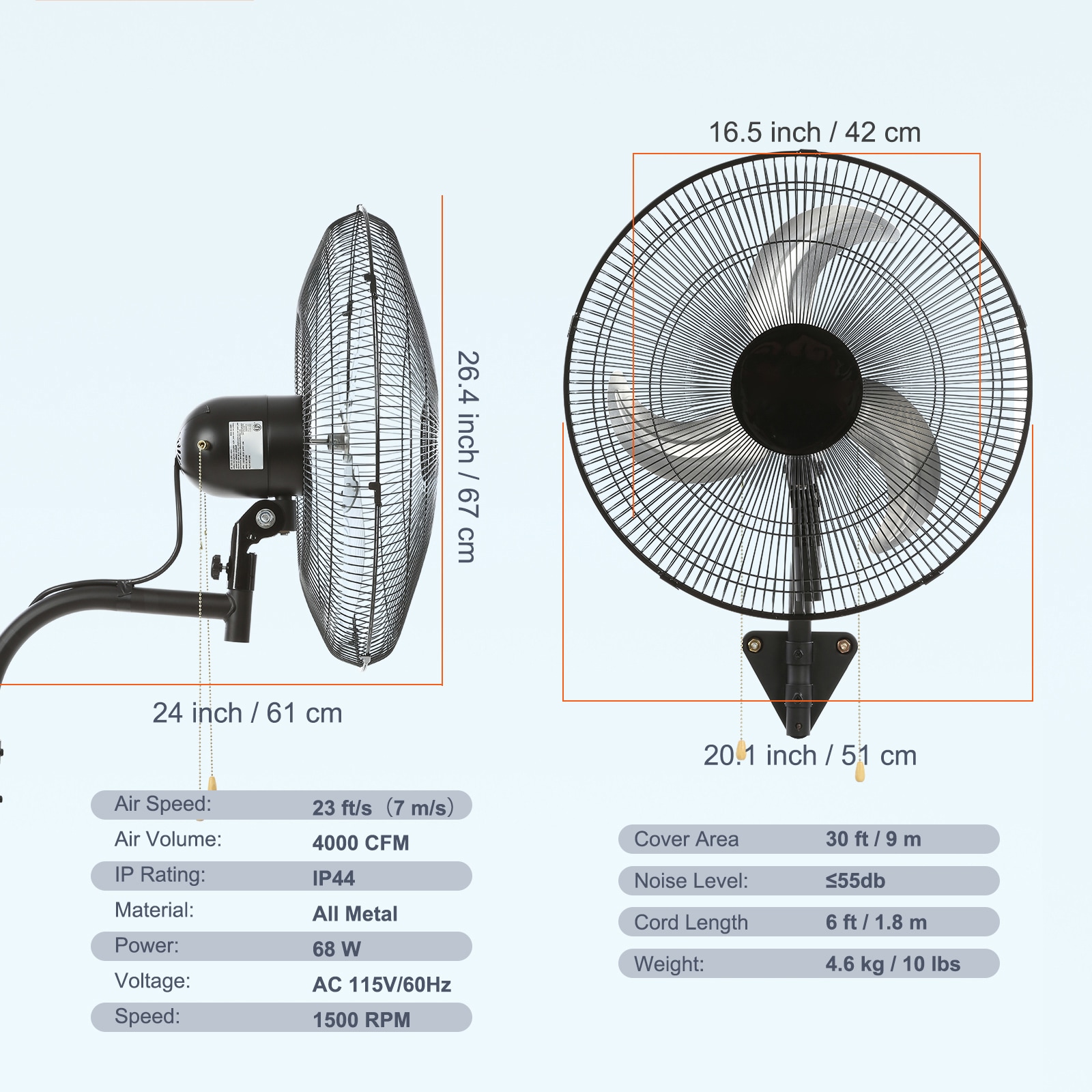 Wall Mounted Oscillating Industrial Fan 3 Speed High Velocity Black_voghion.com